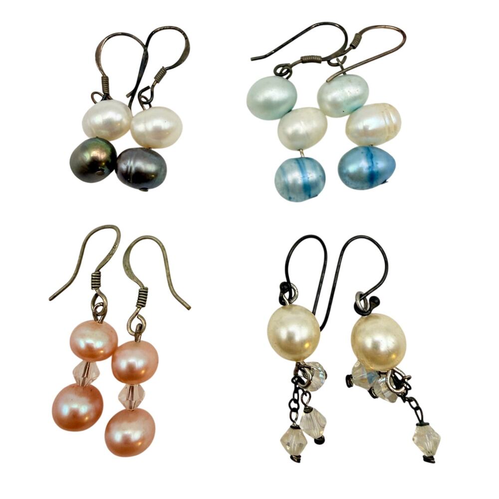 Lot 4 Vtg Pearl Earrings 925 Sterling Silver Beaded Dangle Drop White Pink Blue